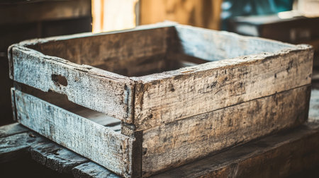 A rustic wooden crate resting on a vintage table, showcasing its weathered texture and natural grain. Perfect for evoking a nostalgic farm aesthetic.の素材