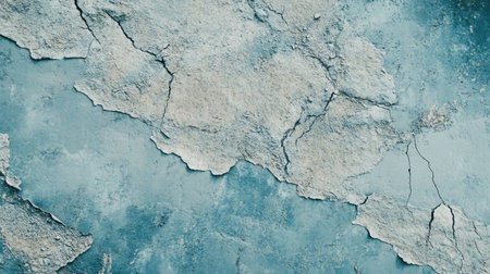 A detailed view of a cracked blue wall texture, showcasing weathered paint and irregular patterns. Ideal for backgrounds, artistic designs, or abstract projects.の素材