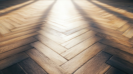A close-up of a wooden herringbone floor illuminated by soft light, casting interesting shadows. Ideal for design, interior, and architectural themes.の素材