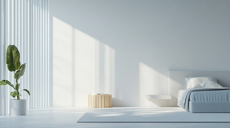 A serene minimalist bedroom featuring natural light, a single plant, and simple furniture. This space embodies tranquility and modern design aesthetics.の素材