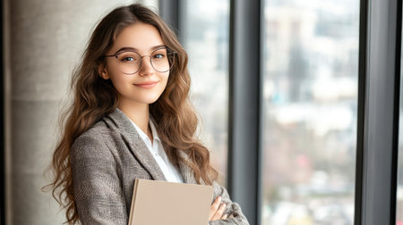 A confident young woman with glasses stands in a modern office, exuding professionalism and charm. Captured in soft light, she embodies success and motivation.の素材