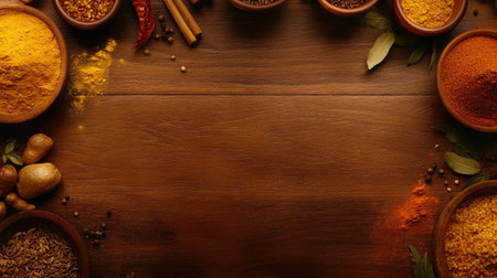 Vibrant spices and herbs displayed in wooden bowls on a rustic tabletop, perfect for food photography, cooking blogs, or culinary projects.の素材