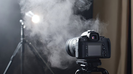 A camera sits on a tripod, surrounded by smoke and studio lighting, creating a dramatic effect. Ideal for themes of photography, creativity, and artistic process.の素材
