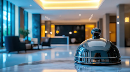 A modern hotel lobby featuring a sleek reception bell, showcasing elegance and luxury. Bright lighting and stylish furnishings create a warm, inviting atmosphere for guests.の素材