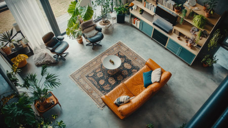 A beautifully designed modern living room featuring cozy furniture, lush plants, and ample natural light. Ideal for relaxation and aesthetic appeal.の素材