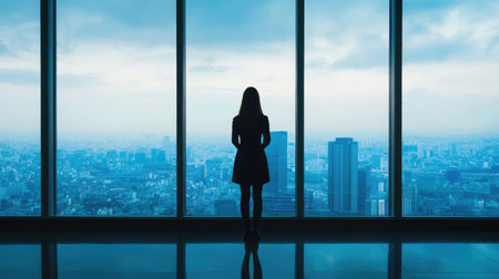 A silhouette of a woman stands by a large glass window, gazing out at a sprawling urban skyline. The scene captures a moment of contemplation and solitude.の素材