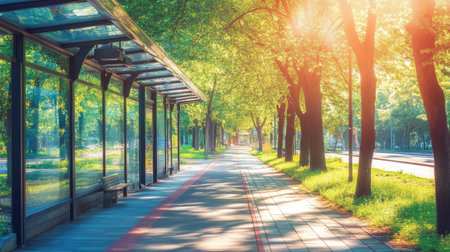 A serene bus stop amidst lush greenery, capturing a peaceful urban scene. Sunlight filters through the trees, creating a tranquil, inviting atmosphere.の素材