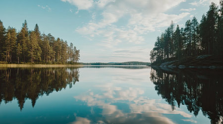 A tranquil lake mirrors the sky and trees, creating a peaceful atmosphere. This serene landscape invites relaxation and connection with nature.の素材