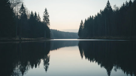 A peaceful dawn scene showcasing a calm lake reflecting surrounding trees, creating a tranquil atmosphere that embodies natural beauty and serenity.の素材