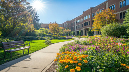 A vibrant garden pathway filled with colorful flowers and lush greenery, inviting visitors to enjoy a serene outdoor experience near a modern building.の素材