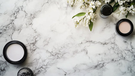 A stylish flat lay featuring makeup products and flowers on a marble background. Ideal for beauty, skincare, and wellness themes in visuals.の素材