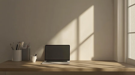 A serene workspace featuring a laptop on a wooden desk bathed in natural light, creating a minimalistic and inviting atmosphere for productivity and creativity.の素材