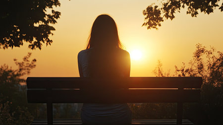 A serene silhouette of a woman sitting on a bench, enjoying a beautiful sunset. The scene captures the essence of tranquility and reflection amidst nature.の素材