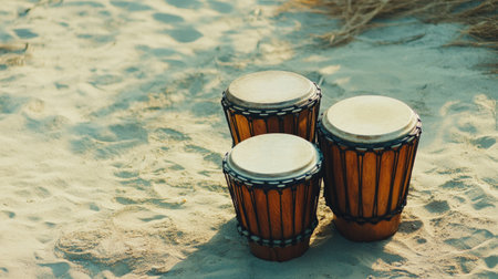 A serene scene featuring wooden drums placed on the sand, illuminated by gentle morning light. Perfect for representing music, relaxation, and outdoor activities.の素材