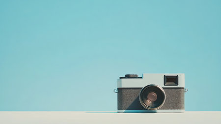 A retro camera placed on a clean surface with a soft blue background. Ideal for photography enthusiasts and minimalistic design lovers.の素材