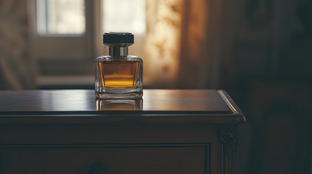 A beautiful glass perfume bottle with amber liquid sits elegantly on a wooden dresser, surrounded by soft warm light, creating a tranquil atmosphere.の素材