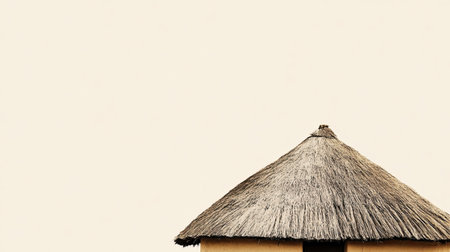 A charming thatched roof cottage stands against a plain background, embodying rustic beauty and simplicity in architecture. Perfect for serene ambiance.の素材