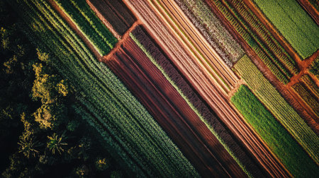 This aerial image showcases vibrant agricultural fields with distinct color patterns and rows. Perfect for illustrating farming, nature, and sustainability themes.の素材