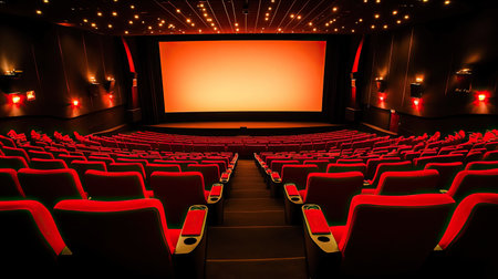 A stunning view of an empty cinema featuring red seats and a dramatic screen. The inviting ambiance and modern design create a perfect movie atmosphere.の素材
