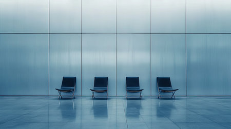 This image showcases a minimalist waiting area featuring four modern chairs against a sleek glass wall, conveying tranquility and simplicity in design.の素材