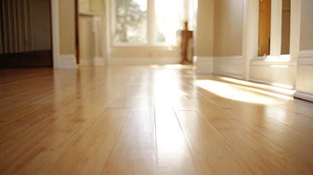 A warm, inviting hardwood floor bathed in natural sunlight, creating a cozy and elegant atmosphere. Perfect for showcasing interior design and home decor.の素材