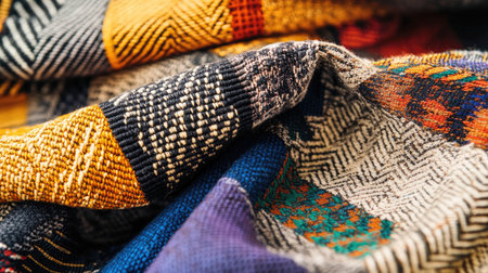 A close-up view of vibrant and diverse fabric textures, showcasing colorful patterns and intricate designs. Perfect for art and textile inspiration.の素材