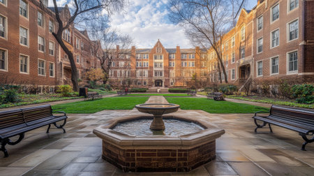 A tranquil courtyard featuring a central fountain, surrounded by historic brick buildings and lush greenery. Ideal for relaxation and scenic views.の素材