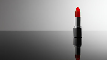 A striking red lipstick stands elegantly on a smooth, reflective surface, capturing the essence of beauty and glamour. Perfect for makeup-themed visuals.の素材
