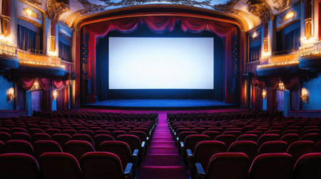 Stunning interior of a classic theater featuring empty red seats and a blank screen, ideal for showcasing cinematic and architectural beauty.の素材