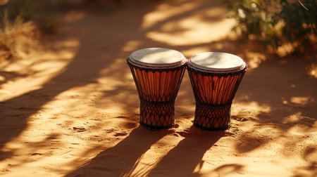 Two drums rest on warm sand, casting soft shadows in a serene desert setting. This image captures the beauty of music and nature, inviting creativity.の素材