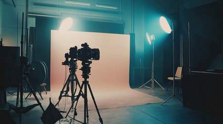 A well-equipped photography studio showcasing cameras and lighting. This minimalist setup is perfect for various photo shoots and creative projects, creating an inspiring atmosphere.の素材