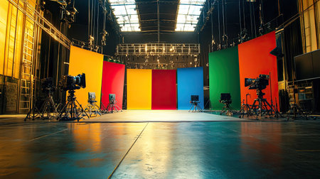 A vibrant film studio featuring colorful backdrops and professional lighting. Ideal for photography and video production, highlighting creative environments.の素材