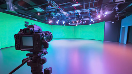 Modern photography studio featuring a green screen setup, ideal for video production. Equipped with advanced lighting and camera technology for creative projects.の素材