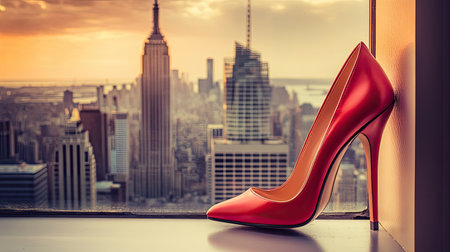 A striking red high heel shoe perched by a window overlooks a stunning city skyline during sunset, capturing the essence of urban elegance and sophistication.の素材