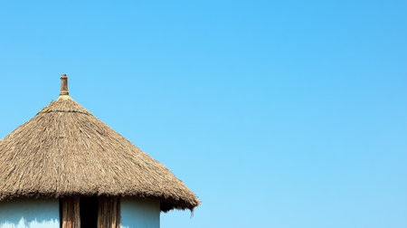 A charming thatched roof structure under a clear blue sky. This serene outdoor scene evokes feelings of tranquility and escape in a beautiful landscape.の素材
