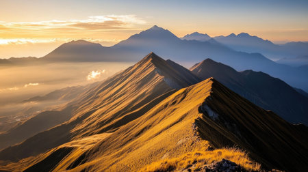 Stunning view of a mountain range at sunrise, showcasing dramatic peaks bathed in golden sunlight. Ideal for travel and nature themes.の素材