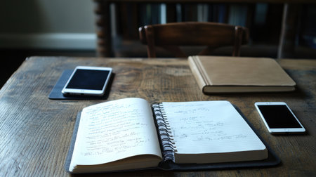 A cozy workspace featuring an open notebook with handwritten notes on a rustic wooden table, complemented by digital devices. Perfect for study and creativity.の素材
