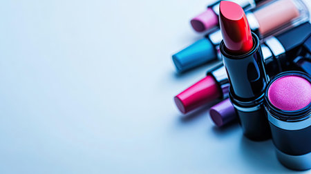 A colorful array of vibrant lipsticks and makeup products showcases beauty and glamour, ideal for fashion and cosmetics-themed projects.の素材