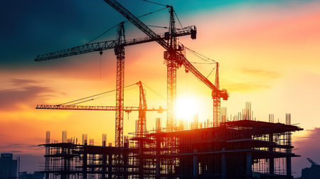 A stunning silhouette of construction cranes against a vibrant sunset, highlighting the dynamic nature of building projects in an urban landscape.の素材