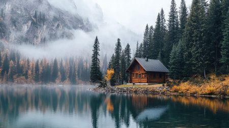 A tranquil wooden cabin sits beside a serene lake, surrounded by tall trees and autumn foliage, creating a picturesque and peaceful scene in nature.の素材