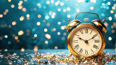 A vintage gold alarm clock with classic Roman numerals sits against a shimmering bokeh background, surrounded by colorful glitter, perfect for celebrations.の素材