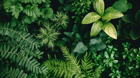 A beautiful arrangement of various green leaves and foliage showcasing the diversity of plant life, ideal for conveying a sense of nature and tranquility.の素材