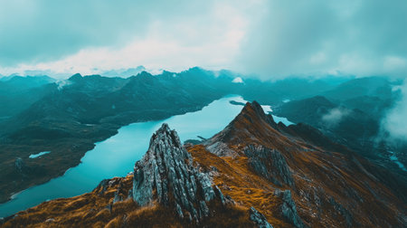 A stunning mountain landscape featuring a serene lake surrounded by rugged terrain and dramatic peaks, perfect for nature and adventure enthusiasts.の素材