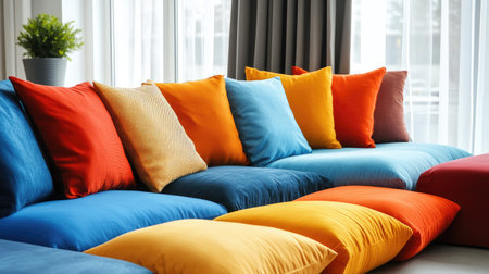 A modern living room features a colorful array of cushions on a stylish sofa, creating a vibrant and inviting atmosphere filled with comfort and warmth.の素材