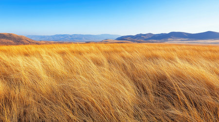 A picturesque view of golden grass fields stretching under a clear blue sky, capturing the essence of tranquility and natural beauty in a rural landscape.の素材