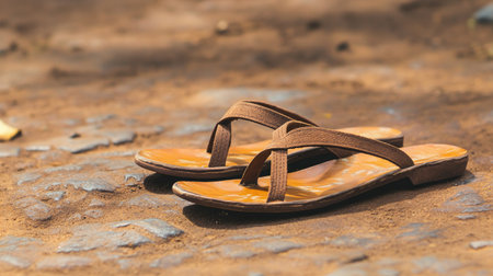A pair of brown flip flops rests on a rustic, earthy ground, perfect for summer outings. This image captures a relaxed and casual vibe ideal for travel or leisure themes.の素材