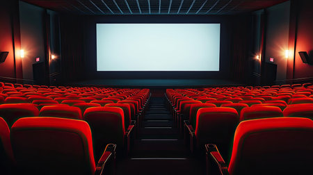 An empty cinema hall showcasing red seats and a large screen. Ideal for concepts of relaxation, entertainment, and cinematic experiences in a modern setting.の素材