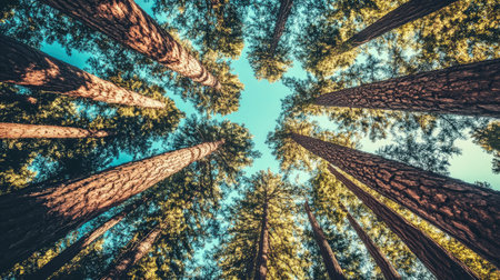Stunning view of towering trees reaching into a clear blue sky, showcasing the beauty of nature and encouraging a sense of tranquility and adventure.の素材
