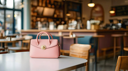 A stylish pink handbag placed on a table in a cozy coffee shop, showcasing a chic fashion accessory set against an inviting cafの素材
