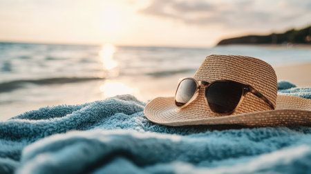 A straw hat and sunglasses resting on a soft towel, capturing the essence of summer relaxation on a beautiful beach during sunset.の素材